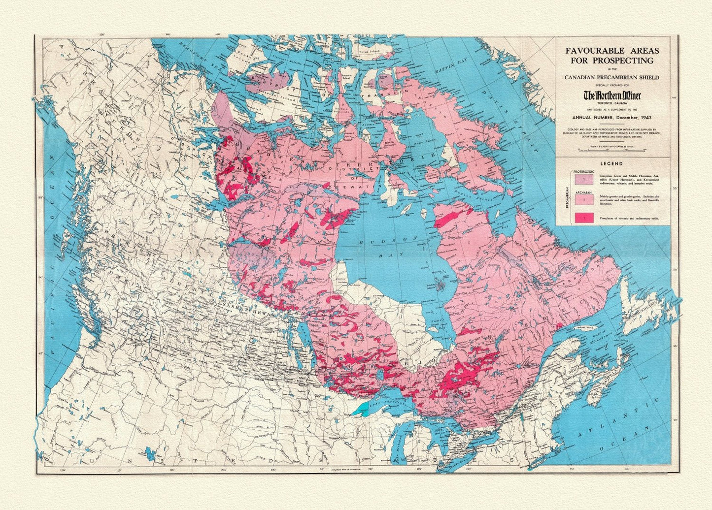 Etsy - Map of Favourable Areas for Prospecting in the Canadian Precambrian Shield, 1943, map on heavy cotton canvas, 22x27" approx. - The Map Chest