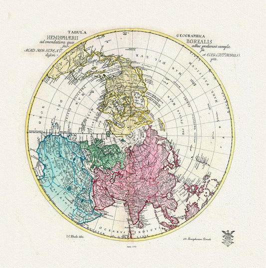 Euler, Sauerbrey et Rhode, Tabula Geographica Hemisphaerii Borealis, 1753, Map printed on to heavy cotton canvas, 22x27in. approx. - The Map Chest