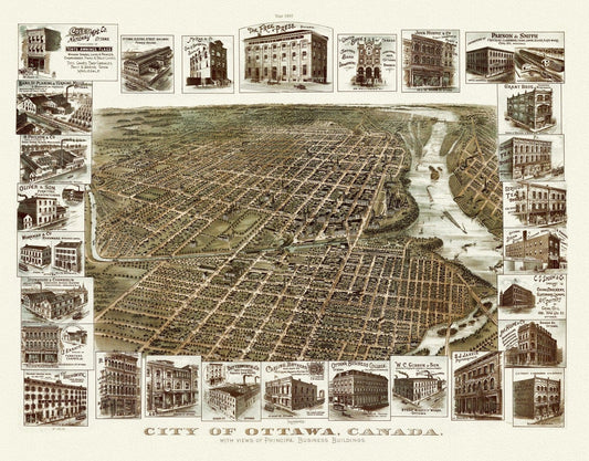 Birdseye View of the City of Ottawa, 1895, on heavy cotton canvas, approx. 22x27" - Image #1