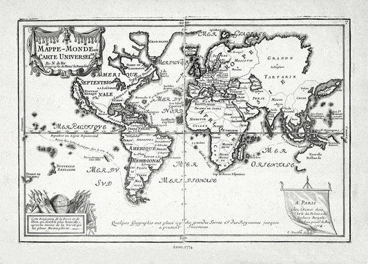Fer, Mappe - monde, ou Carte Universelle, 1774 Ver. II ,Map on heavy cotton canvas, 22x27in. approx. - The Map Chest