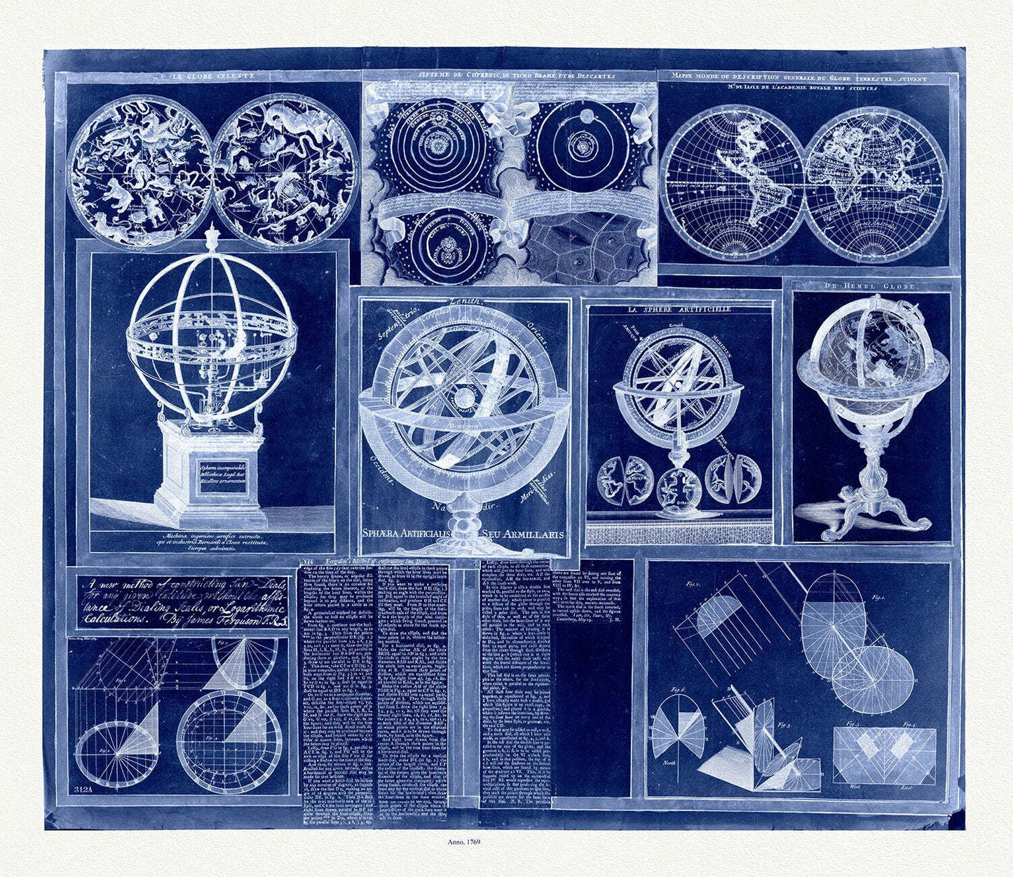 Ferguson, A Collection of nine images including astronomical instruments, celestial charts, and a world map, cyanotype, 1769, canvas, 22x27" - The Map Chest