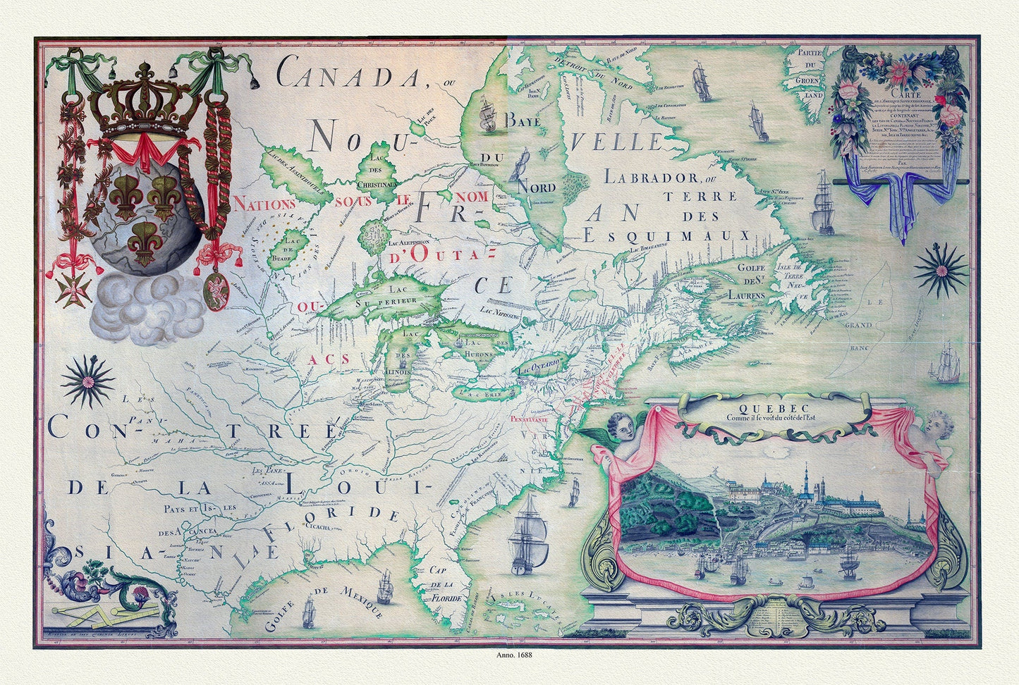 Franquelin - Carte de l'Amerique Septentrionnale, hydrographe du roy, à Québec en Canada, 1688, map on heavy cotton canvas, 20 x 25" approx. - The Map Chest