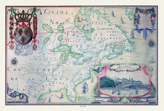 Franquelin - Carte de l'Amerique Septentrionnale, hydrographe du roy, à Québec en Canada, 1688, map on heavy cotton canvas, 20 x 25" approx. - The Map Chest