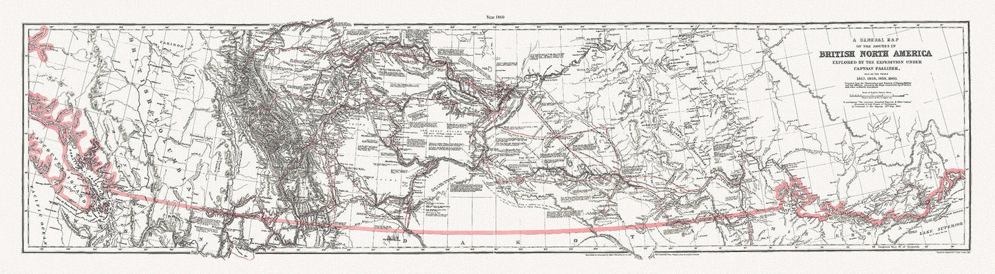 General Map of the Routes in North America Explored by Captain Palliser, during the years 1857, 1858, 1859,& 1860 ' on canvas 18 x 24" about - The Map Chest