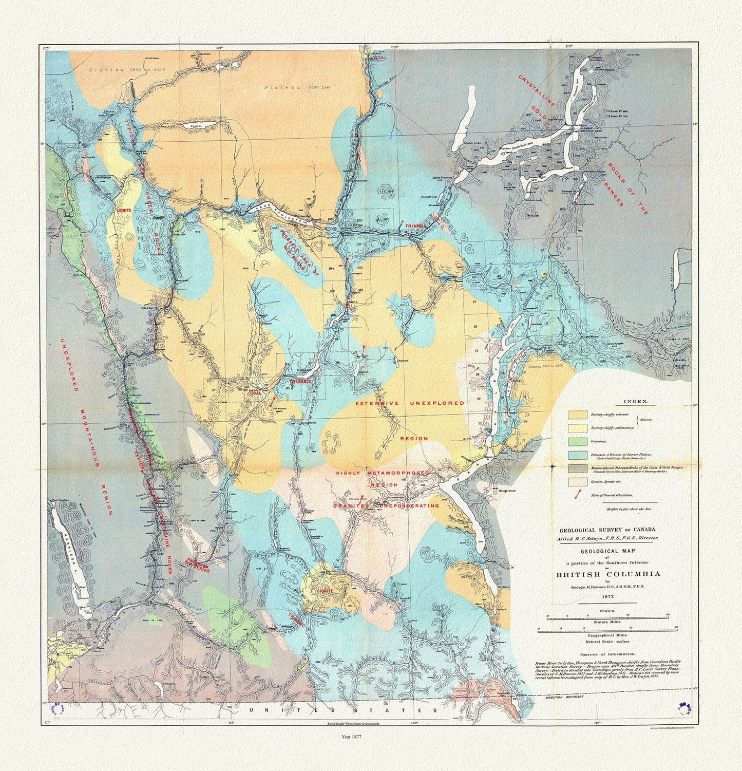Geological map of a portion of the Southern Interior of British Columbia, George Dawson ,1877, map on cotton canvas, 20 x 25" approx. - The Map Chest