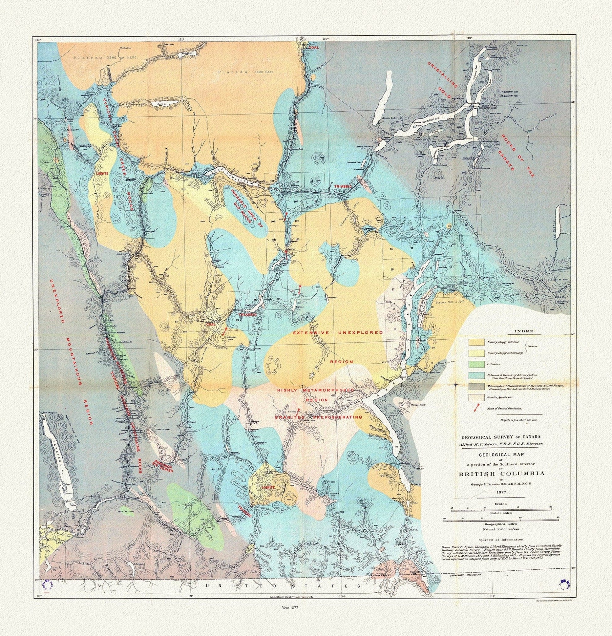 Geological map of a portion of the Southern Interior of British Columbia, George Dawson ,1877, map on cotton canvas, 20 x 25" approx. - The Map Chest