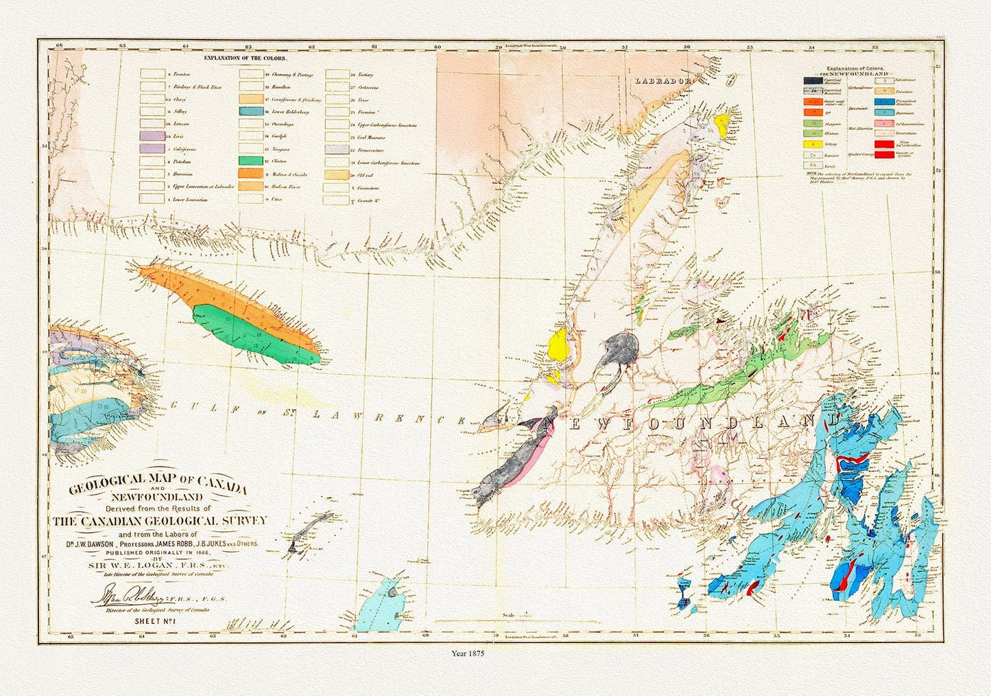 Geological map of Canada and Newfoundland, 1875 , map on heavy cotton canvas, 45 x 65 cm, 18 x 24" approx. - The Map Chest