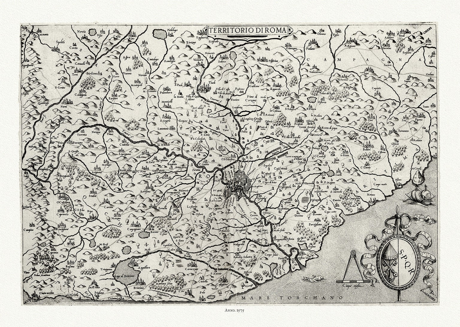 Giacomo Gastaldi,Territorio di Roma, Italy, 1575, map on heavy cotton canvas, 22x27" approx. - The Map Chest