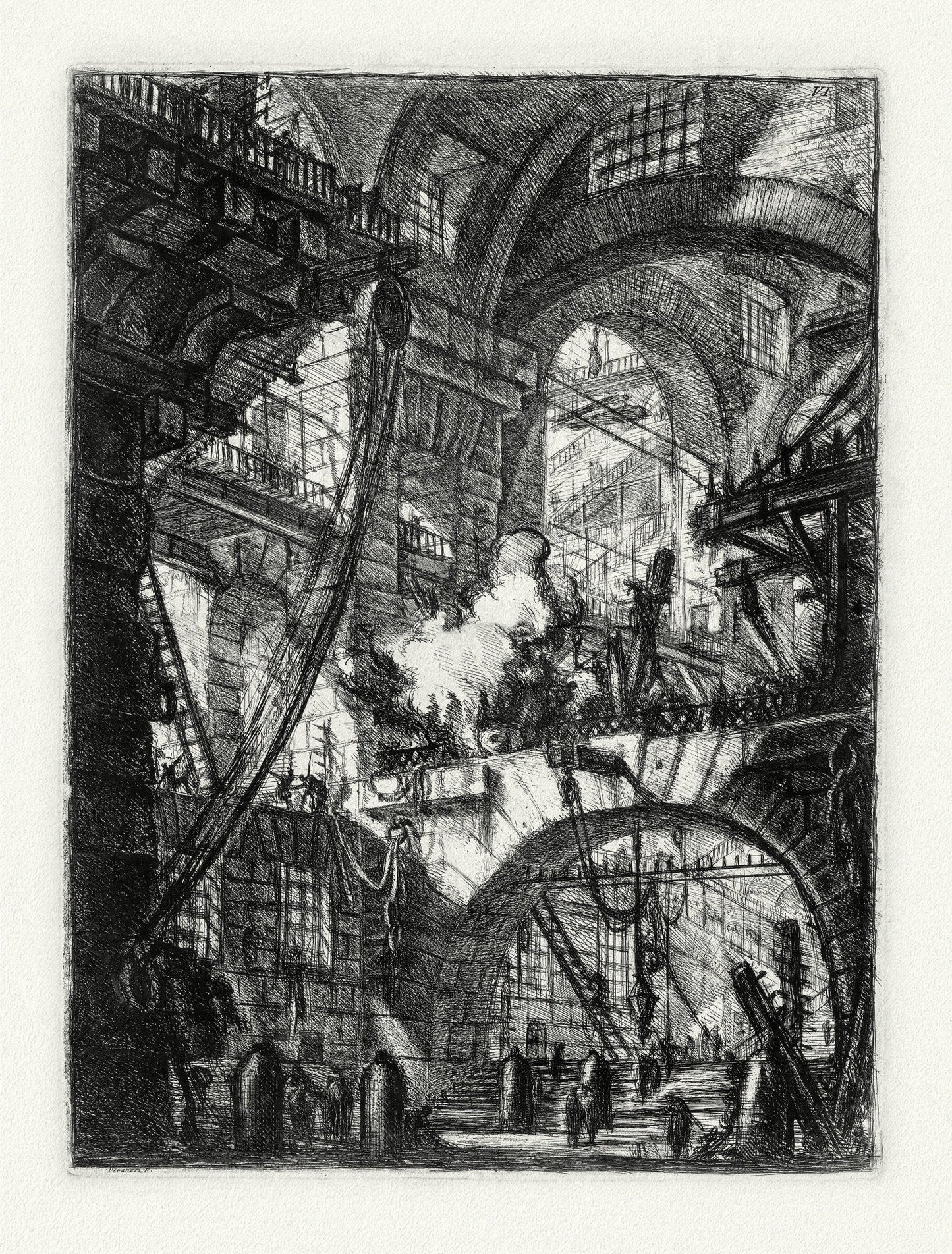 Giovanni Battista Piranesi, Le Carceri d'Invenzione, Planche V, 1760, une gravure sur toile de coton épais, 56x70cm environ - The Map Chest
