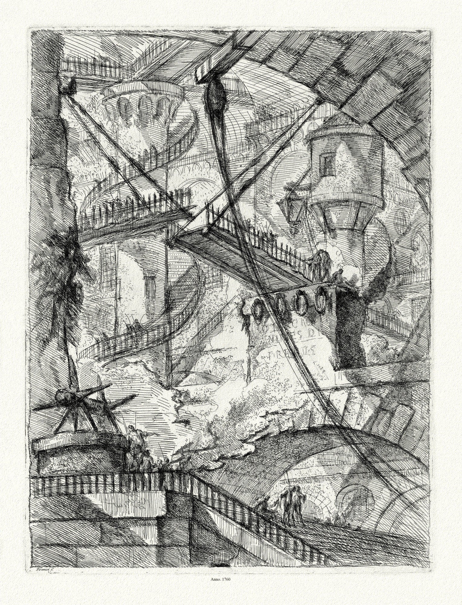 Giovanni Battista Piranesi, Le Carceri d'Invenzione , Planche XVII, 1760, une gravure sur toile de coton épais, 56x70cm environ - The Map Chest
