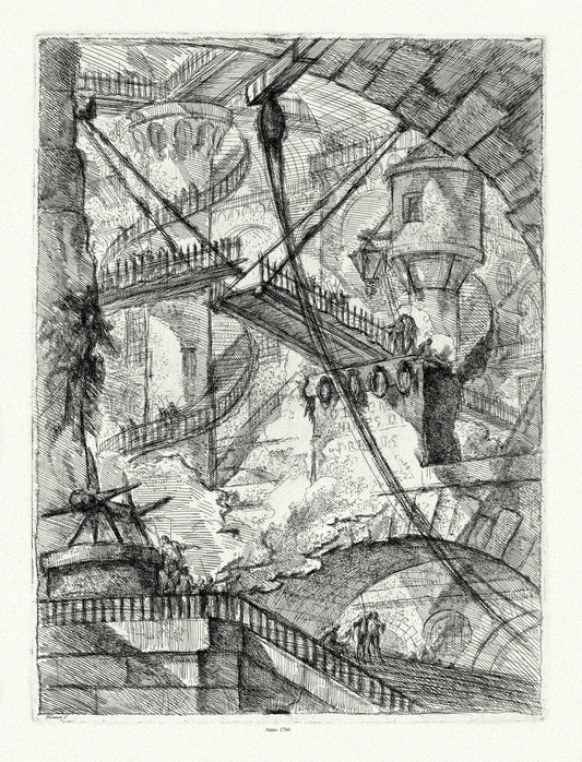 Giovanni Battista Piranesi, Le Carceri d'Invenzione , Planche XVII, 1760, une gravure sur toile de coton épais, 56x70cm environ - The Map Chest