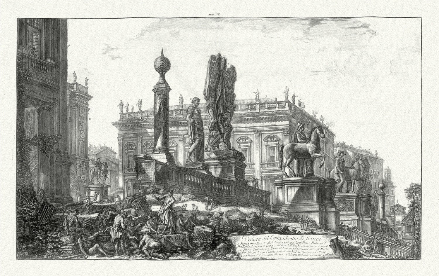 Giovanni Battista Piranesi, Vedute di Roma, Side View of the Capitoline Hill, c. 1760 , heavy cotton canvas, 22x27" approx. - The Map Chest