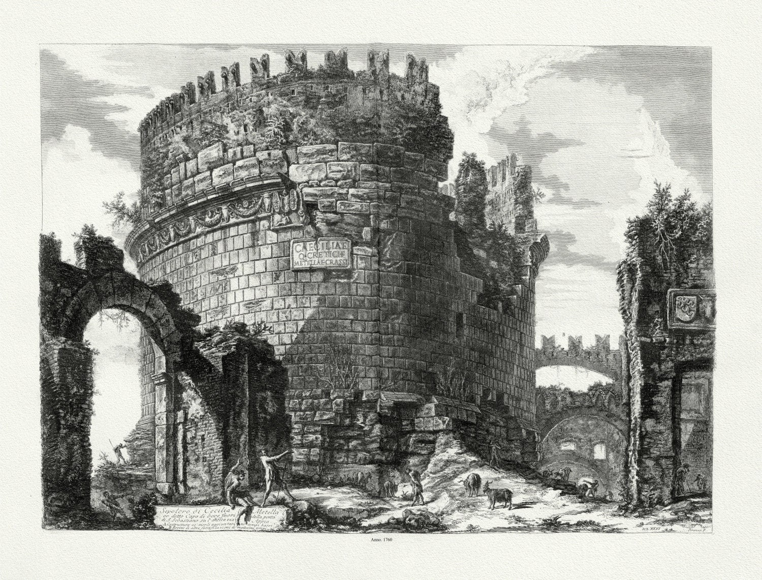 Giovanni Battista Piranesi, Vedute di Roma, Tomb of Cecilia Metella, c. 1760, map on heavy cotton canvas, 22x27" approx. - The Map Chest