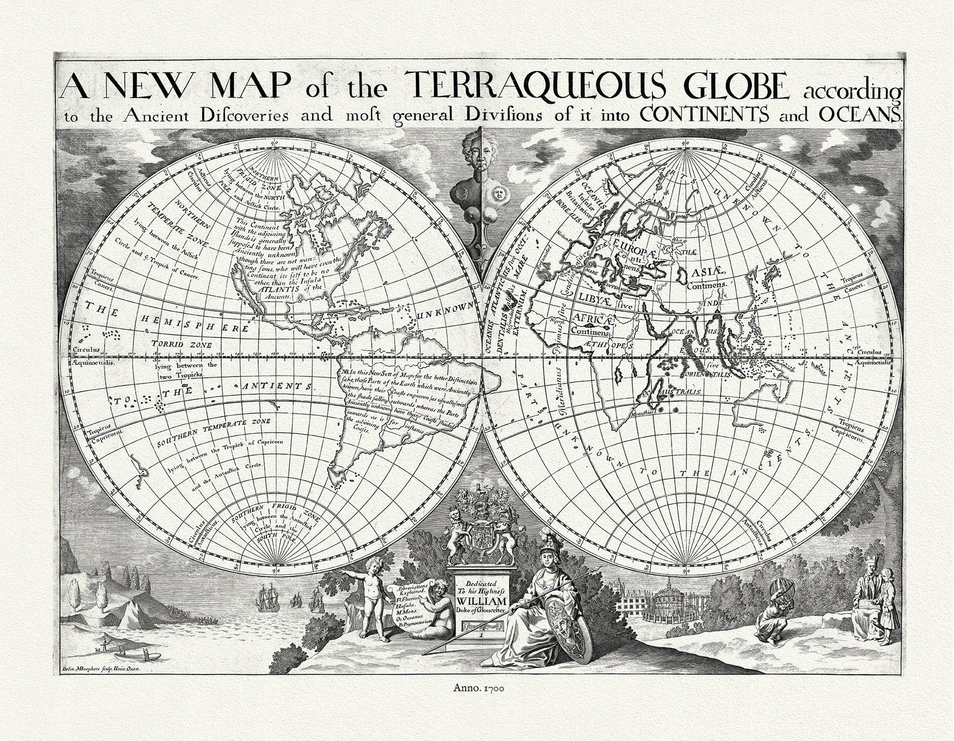 Globe, Terraqueous, with Ancient Discoveries, 1700, Wells auth., map on durable cotton canvas, 50 x 70 cm, 20 x 25" approx. - The Map Chest