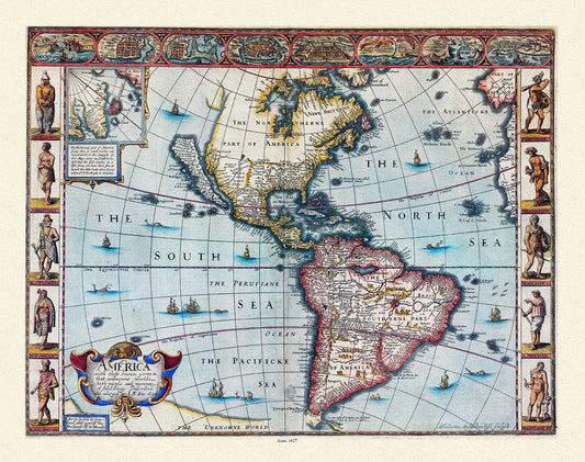 Goos - America with those known parts in that unknowne worlde both people and manner of buildings, 1627 ,Map on heavy cotton canvas, 22x27in - The Map Chest