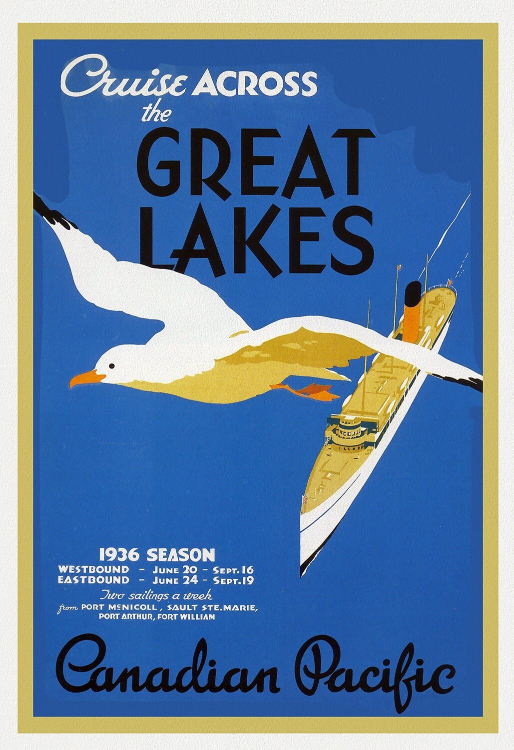 Great Lakes Cruises, Canadian Pacific, 1936, travel poster reprinted on durable cotton canvas, 50 x 70 cm, 20 x 25" approx. - The Map Chest