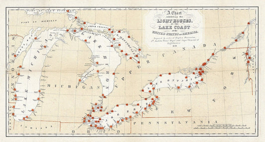 Great Lakes Lighthouses, 1848 , map on heavy cotton canvas, 50 x 70cm, 20 x 25" approx. - The Map Chest