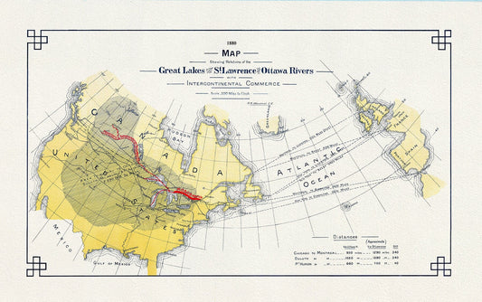 Great Lakes St. Lawrence, Ottawa Rivers and InterContinental Commerce, 1880, map on heavy cotton canvas, 50x70cm (20 x 25") approx. - The Map Chest
