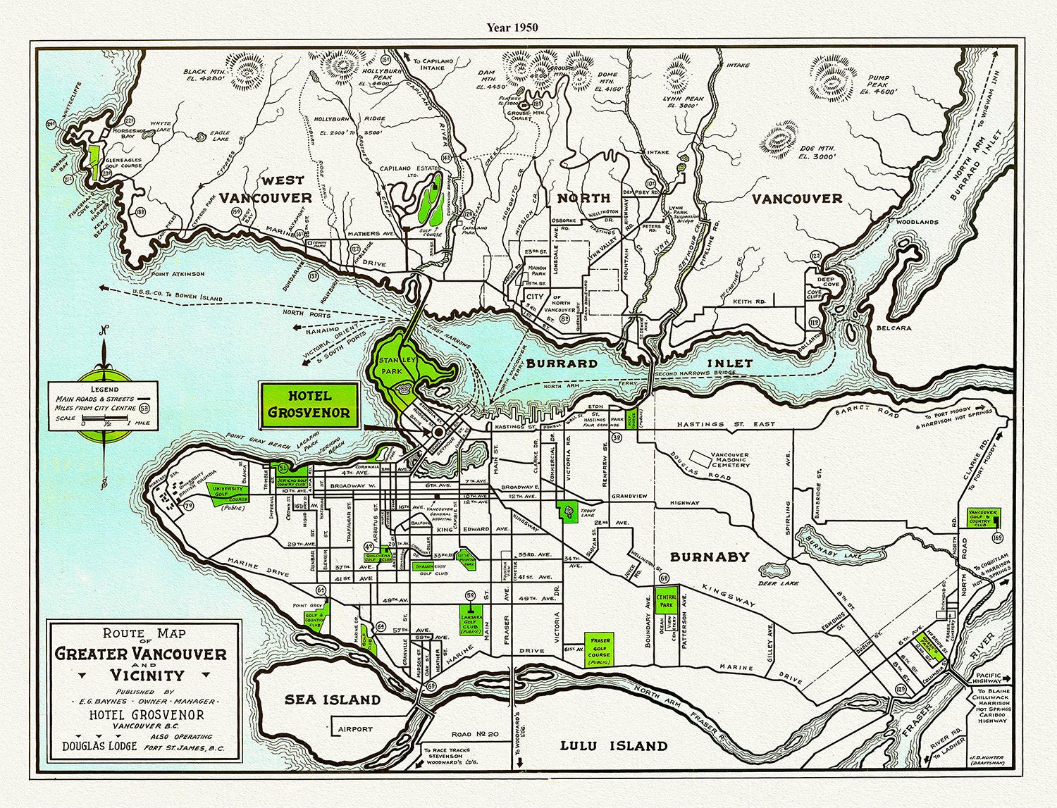 Greater Vancouver and Vicinity, A Route Map, 1950, map on heavy cotton canvas, 45 x 65 cm, 18 x 24" approx. - The Map Chest