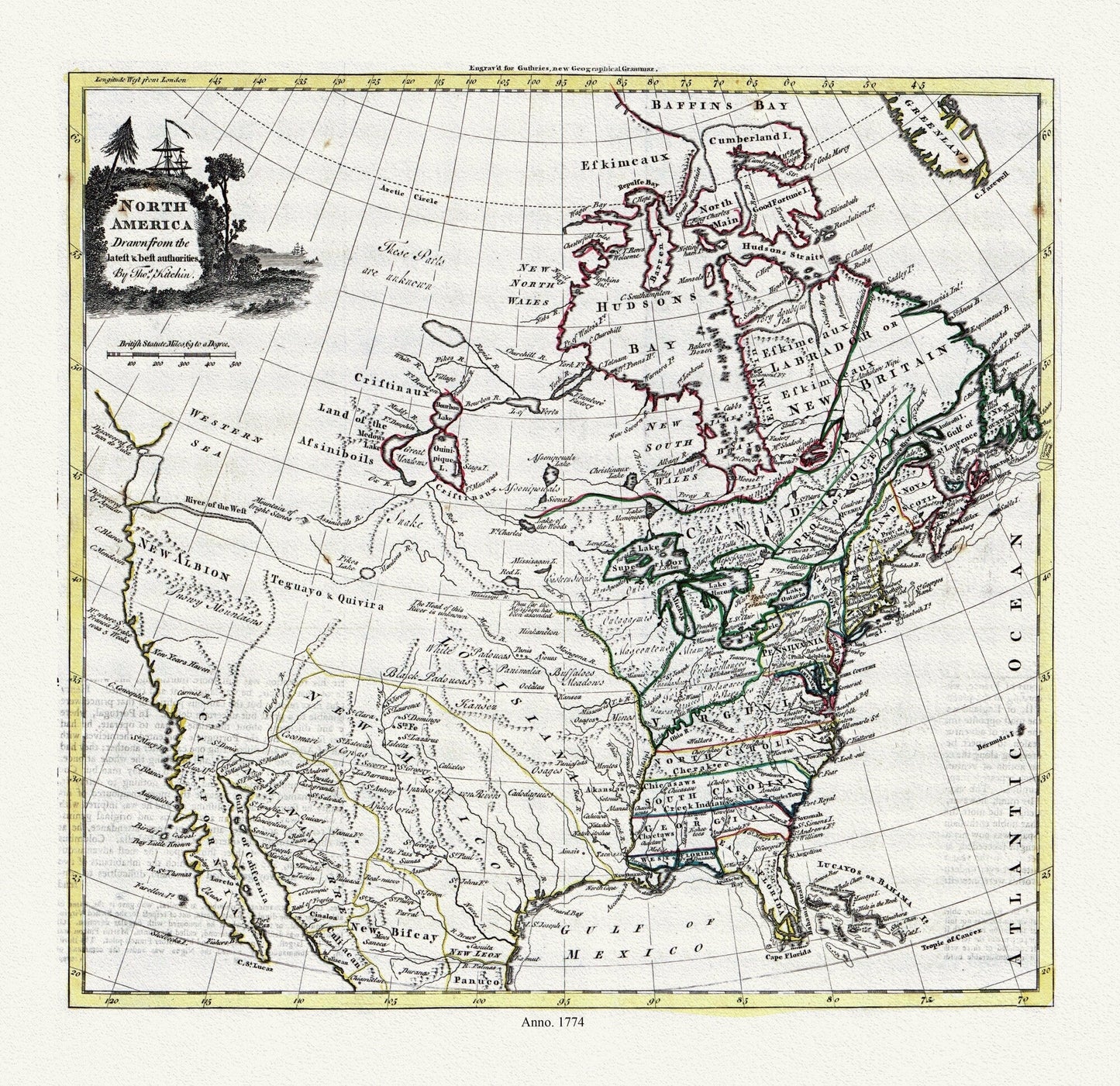Guthrie et Kitchin, North America, 1774 , map on heavy cotton canvas, 22x27" approx. - The Map Chest