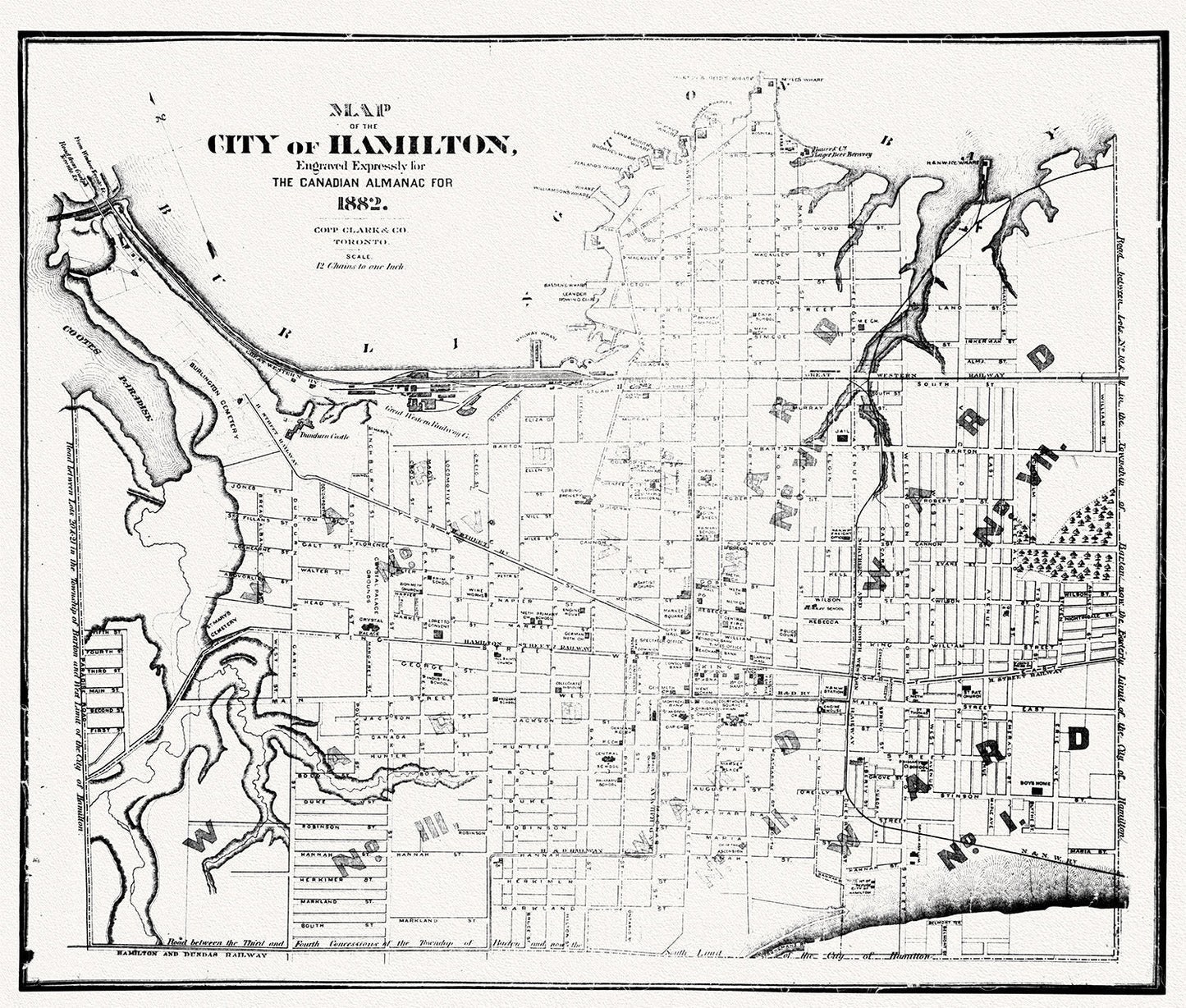 Hamilton, Ontario, 1882, map on heavy cotton canvas, 50 x 70cm, 20 x 25" approx. - The Map Chest