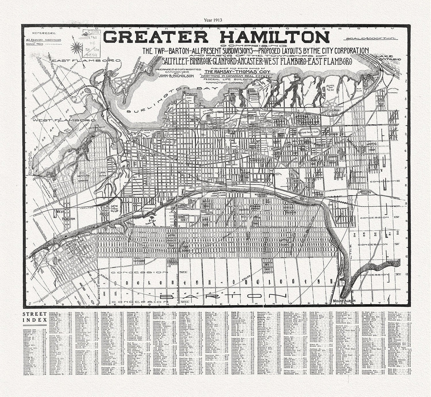 Hamilton, Ontario, 1913, map on heavy cotton canvas, 50 x 70 cm, 20 x 25" approx. - The Map Chest