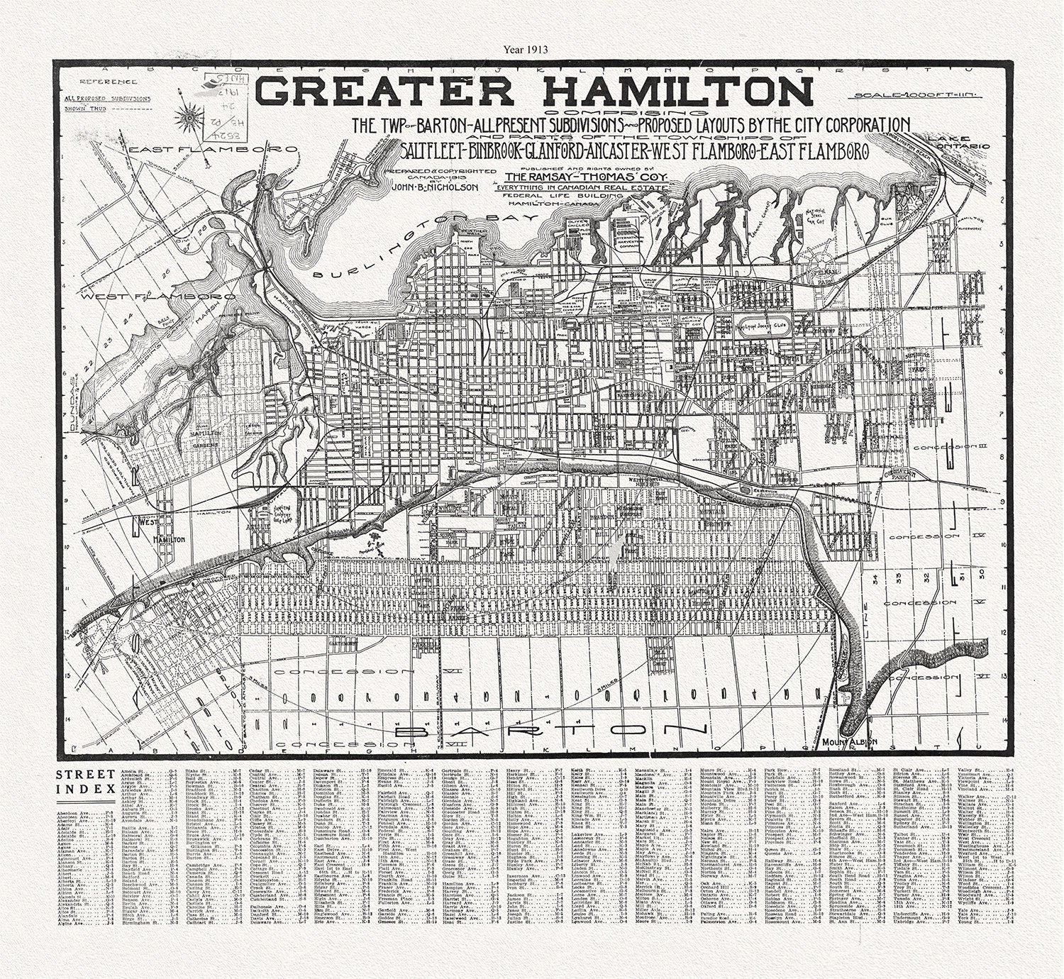 Hamilton, Ontario, 1913, map on heavy cotton canvas, 50 x 70 cm, 20 x 25" approx. - The Map Chest