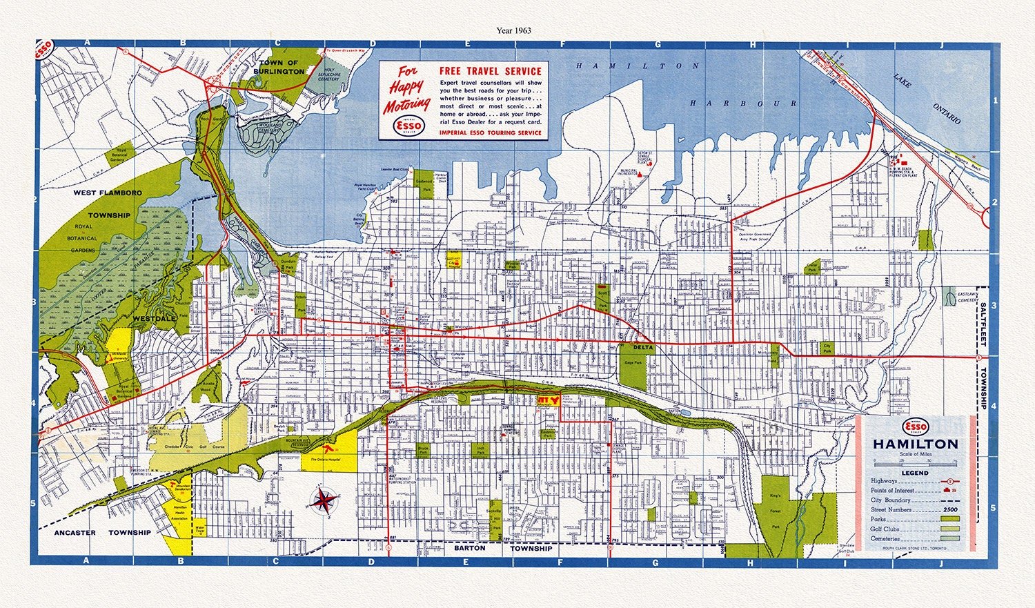 Hamilton, Ontario, 1963, map on heavy cotton canvas, 50 x 70 cm, 20 x 25" approx. - The Map Chest