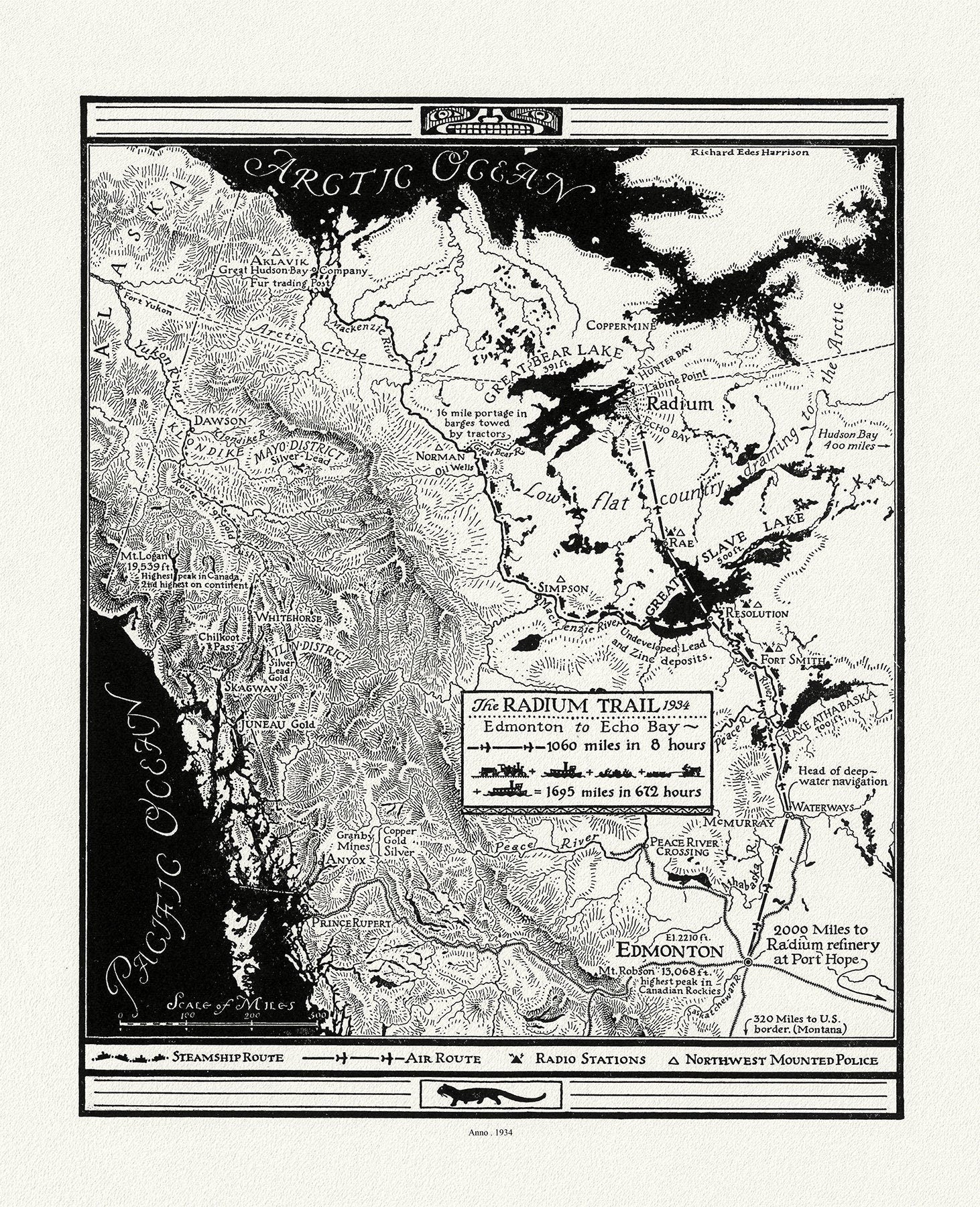 Harrison, The Radium Trail, 1934 , map on heavy cotton canvas, 22x27" approx. - The Map Chest
