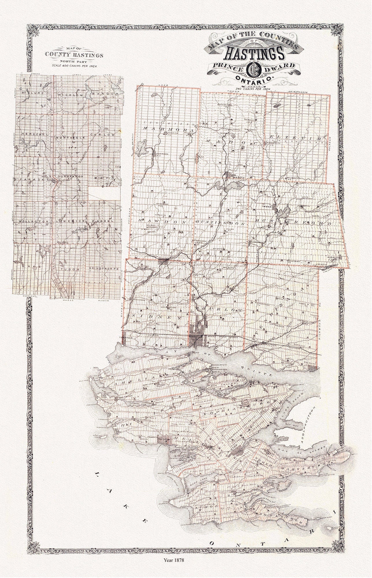Hastings and Prince Edward Counties, Ontario, 1879, map on heavy cotton canvas, 45 x 65 cm, 18 x 24" approx. - The Map Chest