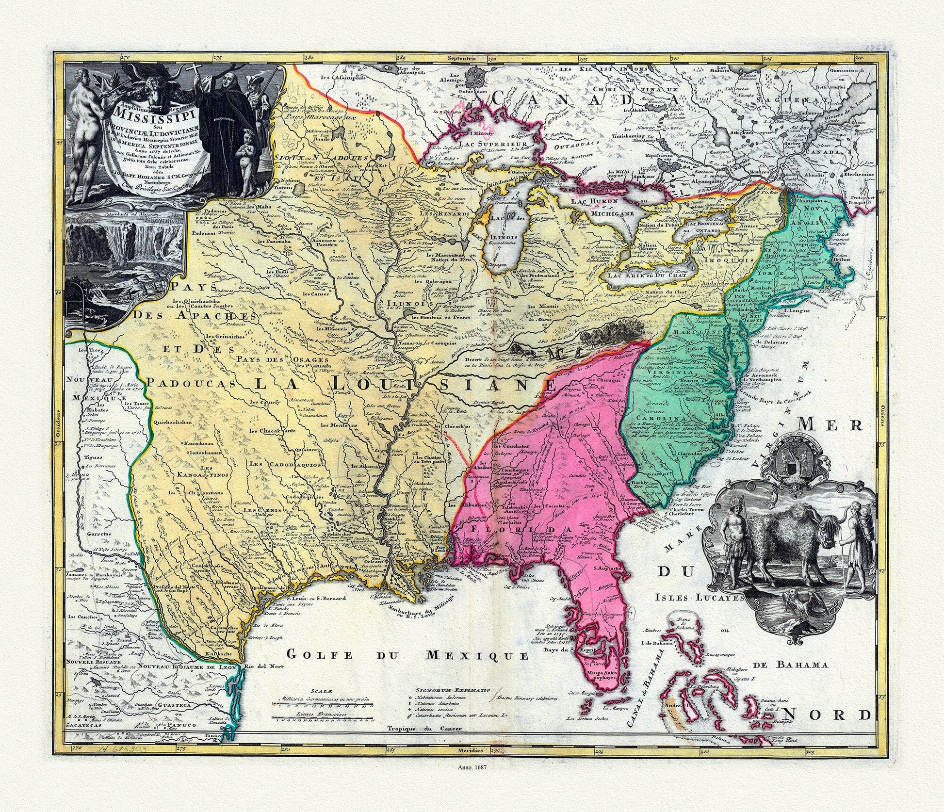 Hennepin, Amplissima regionis Mississipi, Francisc Riviere Mississippi in America septentrionali, 1687, map on heavy cotton canvas, 22x27" - The Map Chest