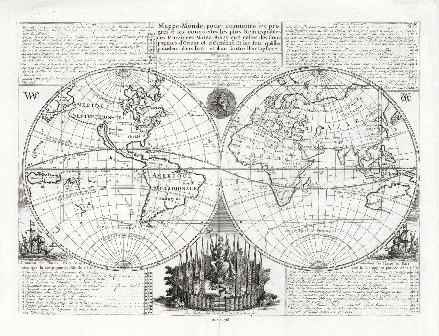 Henri Chatelain - Tome I. No. 46. Mappe - monde, 1718, Map on heavy cotton canvas, 22x27in. approx. - The Map Chest