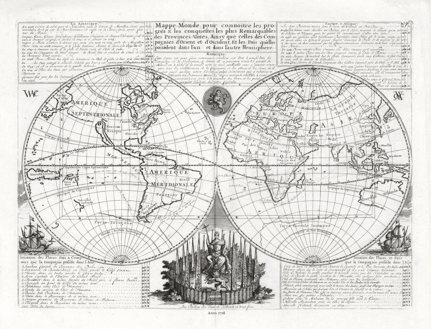 Henri Chatelain - Tome I. No. 46. Mappe - monde, 1718, Map on heavy cotton canvas, 22x27in. approx. - The Map Chest