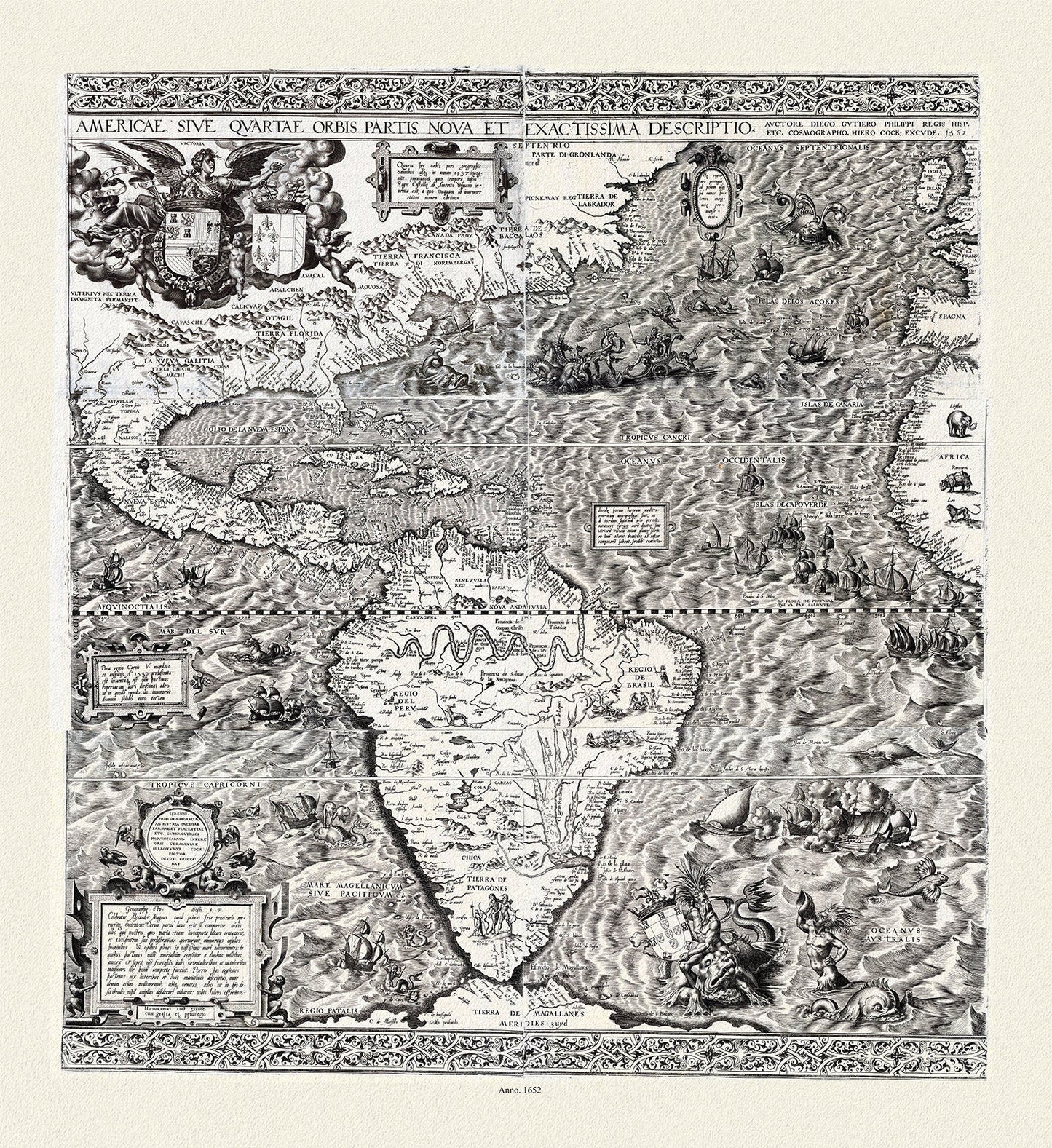 Hieronymous Cock, Americae sive qvartae orbis partis nova et exactissima descriptio, 1652 ,Map on heavy cotton canvas, 22x27in. approx. - The Map Chest