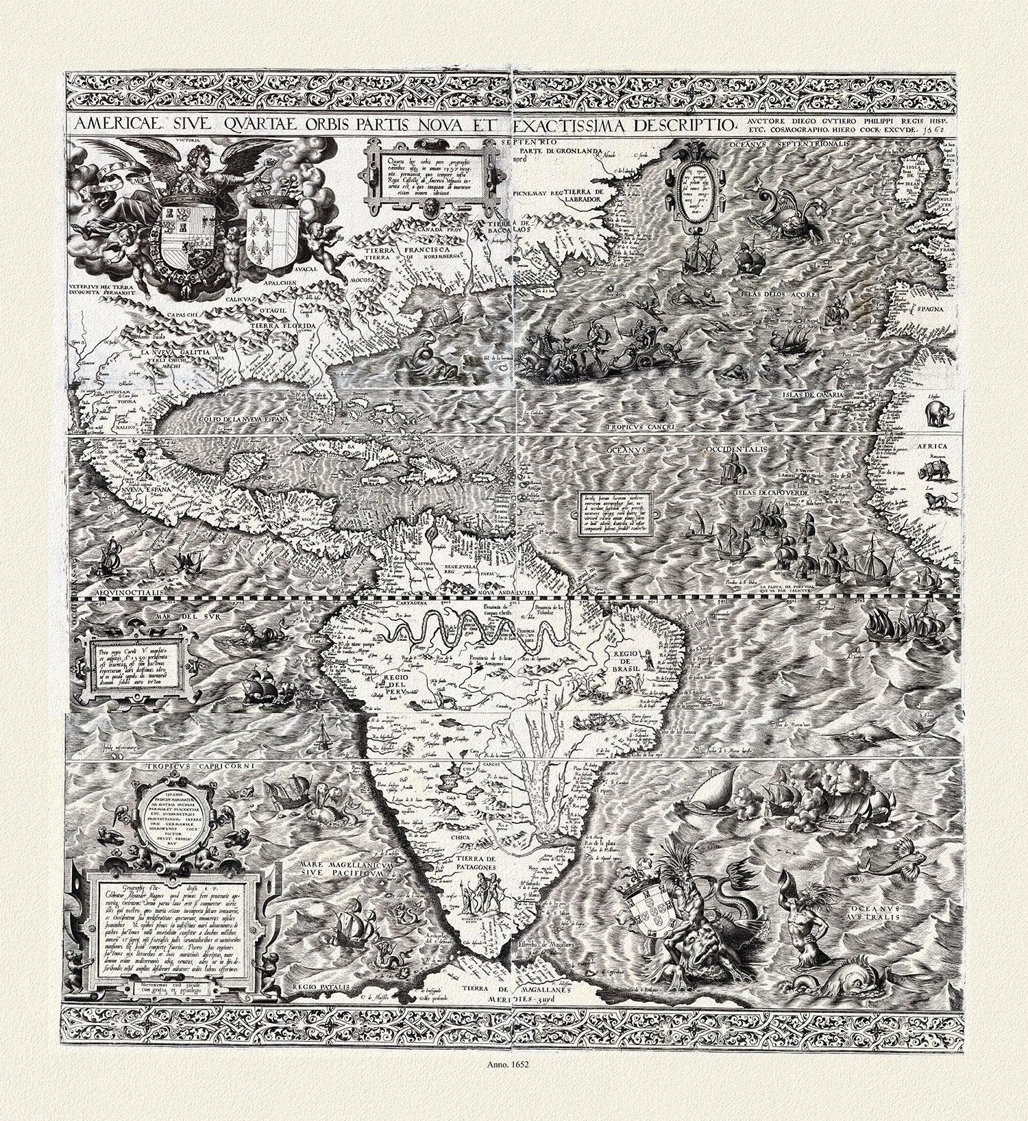Hieronymous Cock, Americae sive qvartae orbis partis nova et exactissima descriptio, 1652 ,Map on heavy cotton canvas, 22x27in. approx. - The Map Chest
