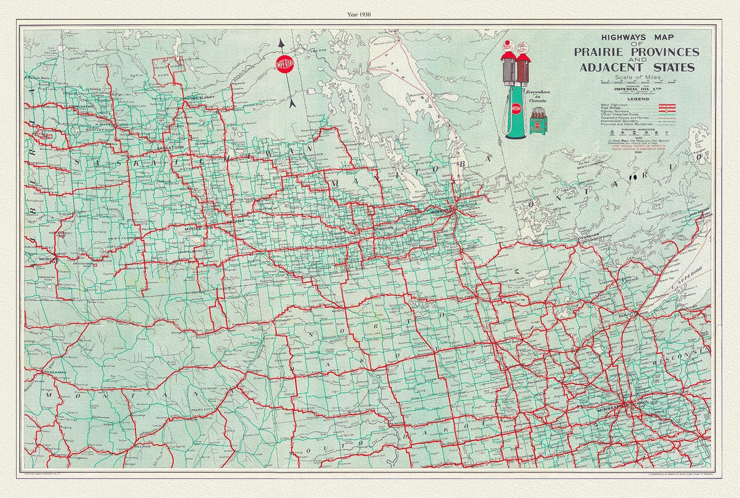 Highways Map of Prairie Provinces and Adjacent States, 1930, map on heavy cotton canvas, 22x27" approx. - The Map Chest