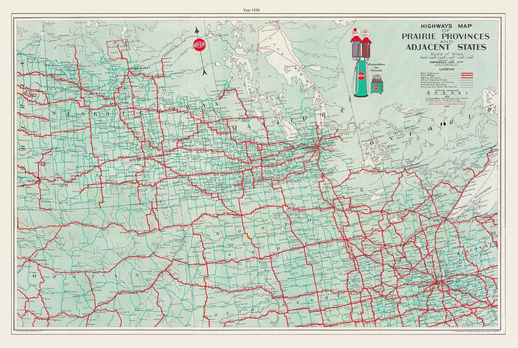Highways Map of Prairie Provinces and Adjacent States, 1930, map on heavy cotton canvas, 22x27" approx. - The Map Chest