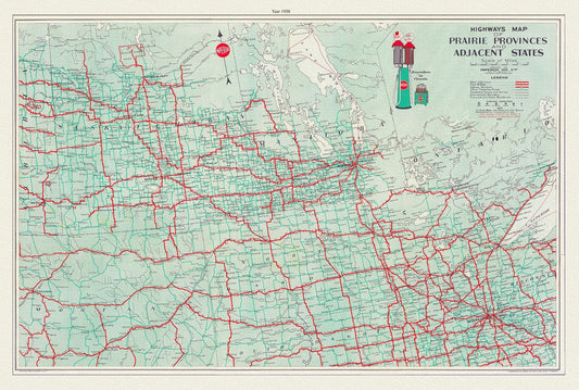 Highways Map of Prairie Provinces and Adjacent States, 1930, map on heavy cotton canvas, 22x27" approx. - The Map Chest