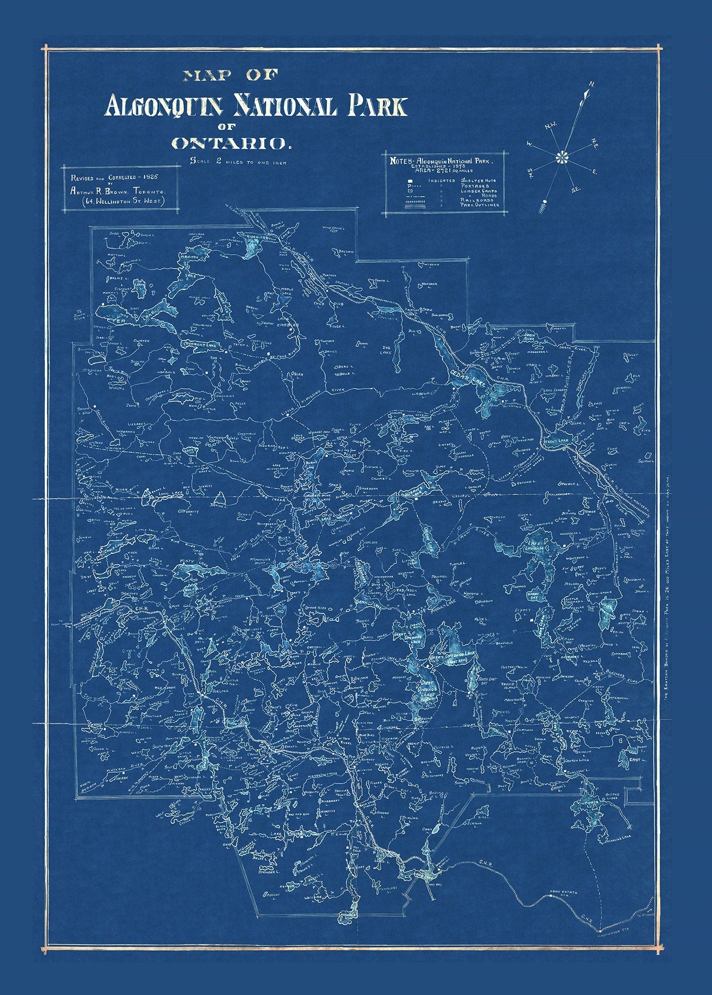 Historic Algonquin Park Map, auth. Arthur Brown, 1925 Cyanotype , map on heavy cotton canvas, 20x27" approx. - The Map Chest