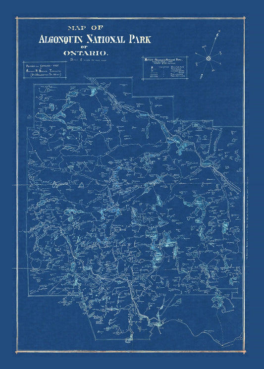 Historic Algonquin Park Map, auth. Arthur Brown, 1925 Cyanotype , map on heavy cotton canvas, 20x27" approx. - The Map Chest