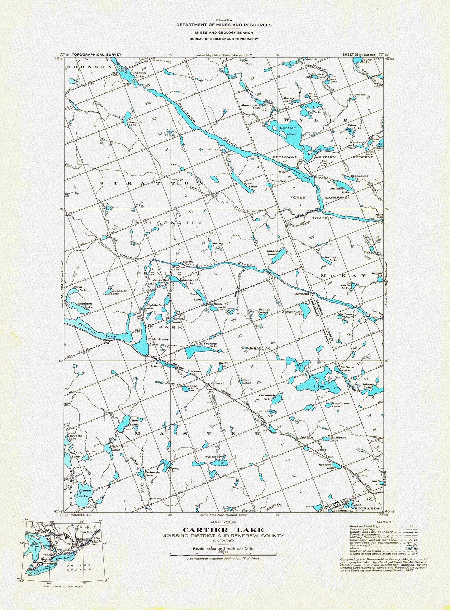 Historic Algonquin Park Map, Cartier Lake, National Topographic Series, 1944 , map on heavy cotton canvas, 20 x 25" approx. - The Map Chest