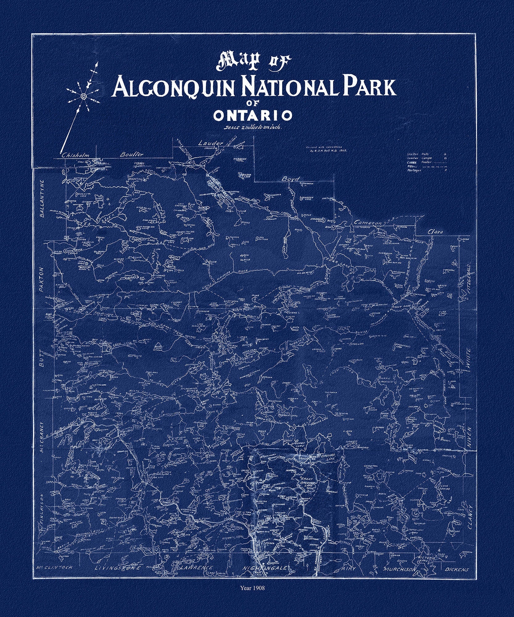 Historic Algonquin Park Map, Dr. Bell auth., 1908 Ver. Cyanotype , map on heavy cotton canvas, 45 x 65 cm, 18 x 24" approx. - The Map Chest