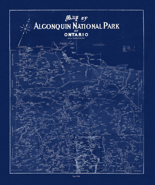 Historic Algonquin Park Map, Dr. Bell auth., 1908 Ver. Cyanotype , map on heavy cotton canvas, 45 x 65 cm, 18 x 24" approx. - The Map Chest