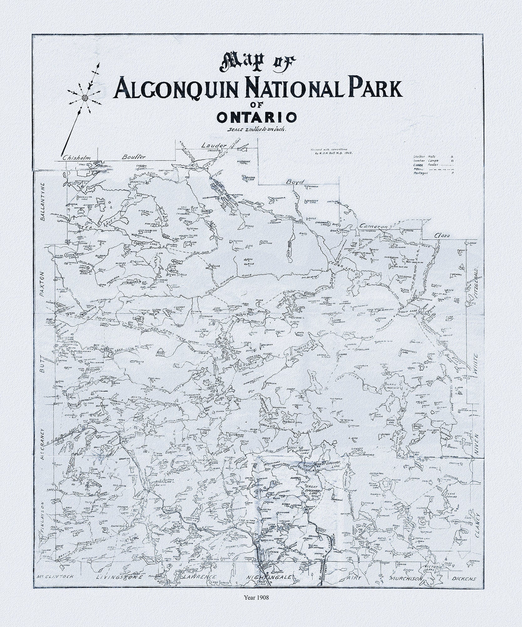 Historic Algonquin Park Map, Dr. Bell auth., 1908 Ver. II , map on heavy cotton canvas, 45 x 65 cm, 18 x 24" approx. - The Map Chest