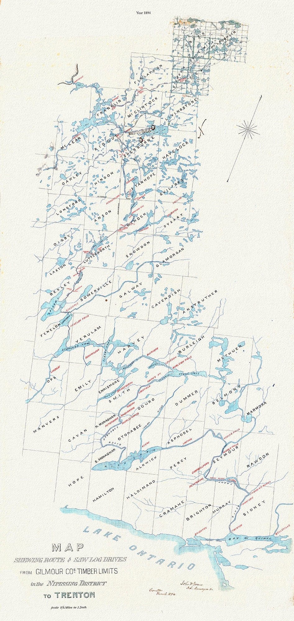 Historic Algonquin Park Map, Gilmour Log Drive from Nipissing to Trenton, 1894, map on durable cotton canvas, 14 x 28" approx. - The Map Chest