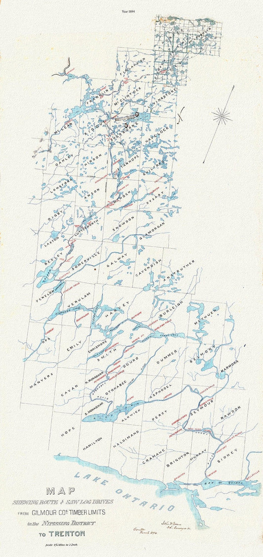 Historic Algonquin Park Map, Gilmour Log Drive from Nipissing to Trenton, 1894, map on durable cotton canvas, 14 x 28" approx. - The Map Chest
