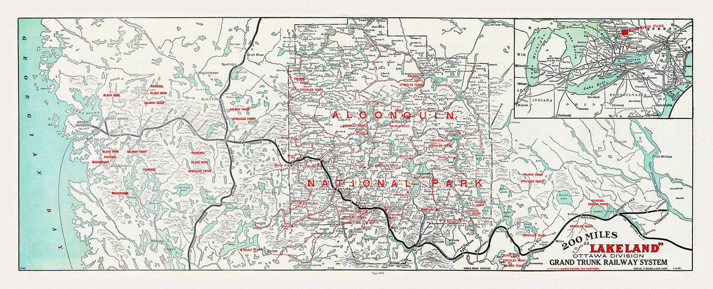 Historic Algonquin Park Map, Grand Trunk Railway, 1912, map on heavy cotton canvas, 22x27" approx. - The Map Chest