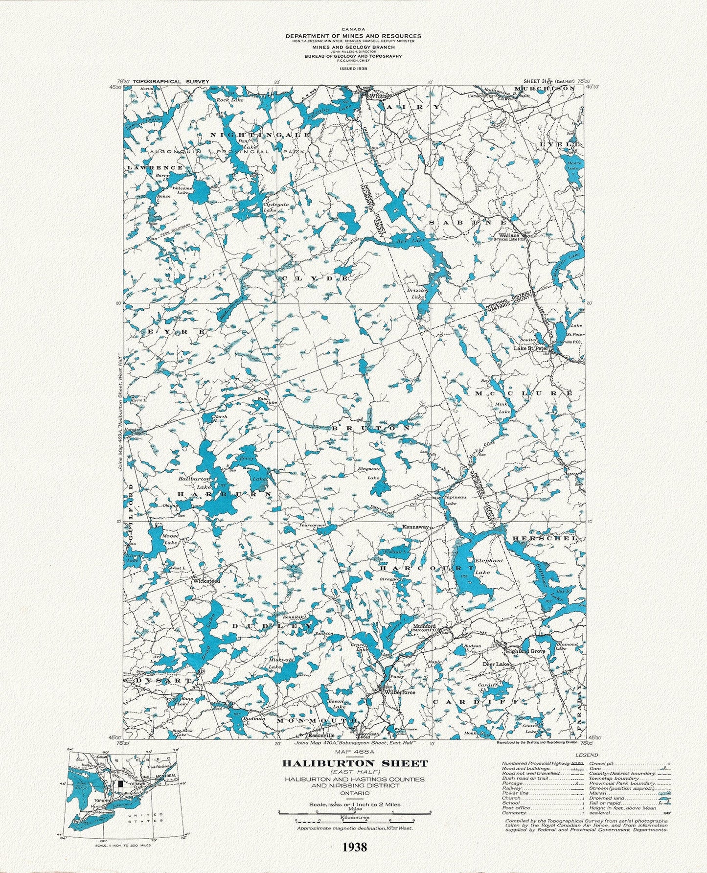 Historic Algonquin Park Map, Haliburton East, National Topographic Series, 1938, map on heavy cotton canvas, 22x27" approx. - The Map Chest