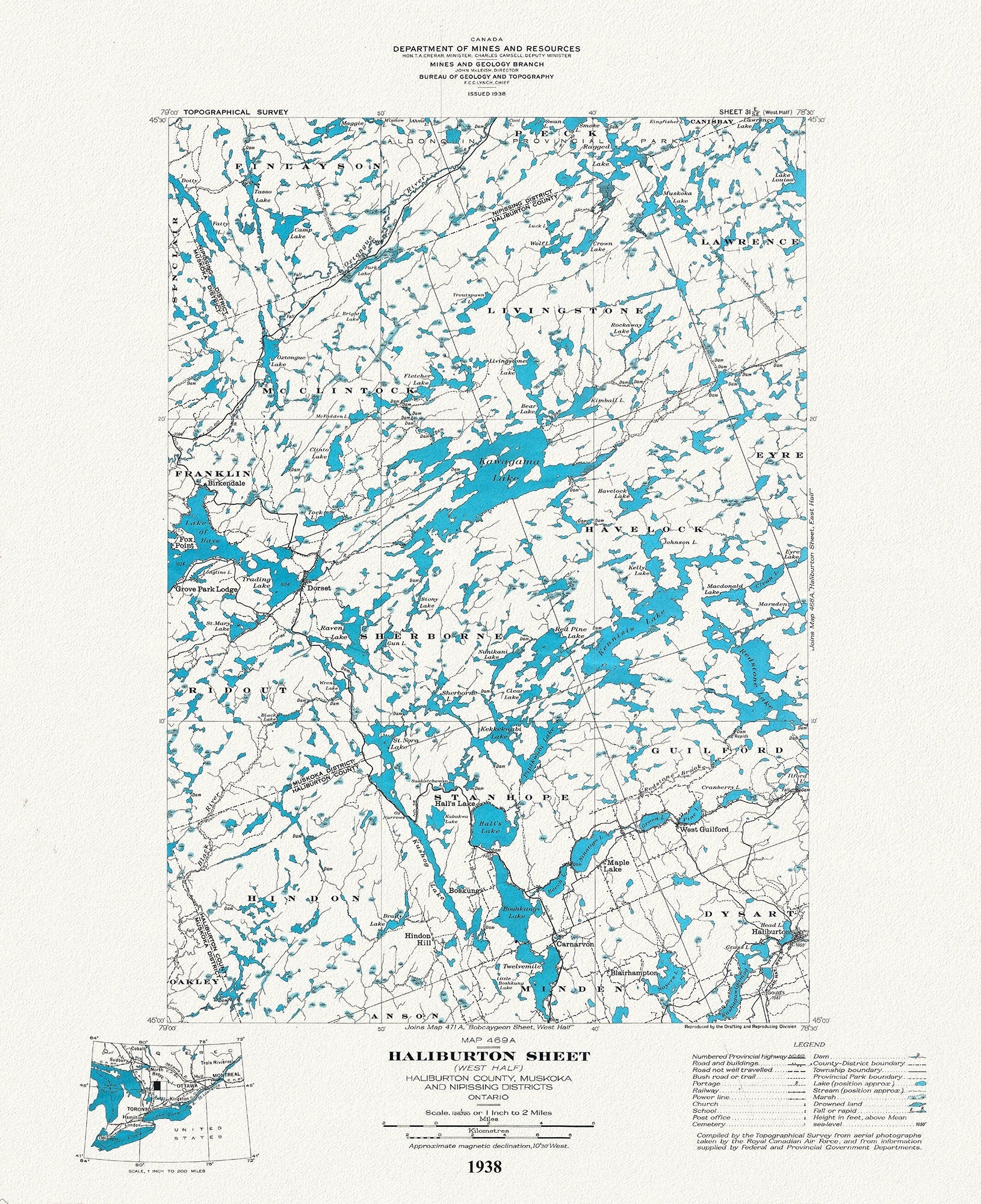 Historic Algonquin Park Map Haliburton West, National Topographic Series, 1938, map on heavy cotton canvas, 20x27" approx. - The Map Chest