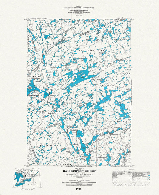 Historic Algonquin Park Map Haliburton West, National Topographic Series, 1938, map on heavy cotton canvas, 20x27" approx. - The Map Chest